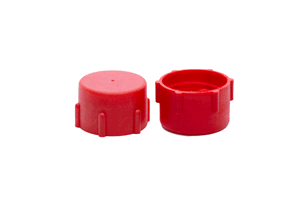 Side-by-side view of two red, LDPE metric threaded caps—one facing up and one facing down.