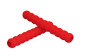 Diagonal view of two stacked red foam handle-grips with a textured matte finish and contoured finger grooves along their length.