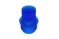An angled view of a 3D modelled Silicone Plug in Blue. One end is slightly tapered and the other end is a round pull tab.