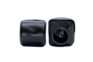 Two black plastic square tube inserts with domed tops. Both on their side, showing each end.