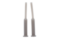 Two white silicone plugs. With a tapered step in the middle and a small flange at the larger end.
