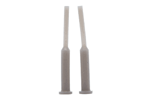 Two white silicone plugs. With a tapered step in the middle and a small flange at the larger end.