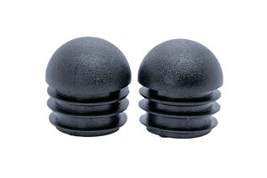 Two black plastic round tube inserts with a domed top. One standing up side by side.