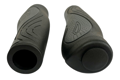 Angled front view of two black and grey injection moulded rubber grips with a matte finish. One showing the open end, one showing the closed end.