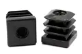 Two black plastic square tube inserts, with a threaded hole. One standing up and the other on its side showing the threaded hole.