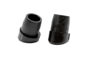 Side view of two round black LDPE injection moulded tube inserts with angled bases.