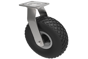 Castor with a black rubber pneumatic wheel with a metal bracket.