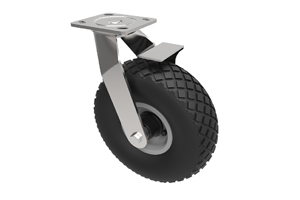 Castor with a black rubber pneumatic wheel with a metal swivel bracket and integrated brake.