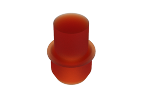 An angled view of a 3D modelled Silicone Plug in Rusty Red. One end is slightly tapered and the other end is a round pull tab.