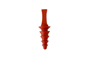 A side view of a Red Silicone masking plugs Each with five different sized flanges and a pull tab.