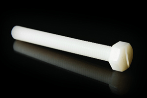 A Nylon bolt with a slotted hex head.