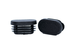 Two black plastic oval tube inserts. One standing up, the other on its side.