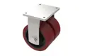 Angled view of a 3D modelled Twin Wheel castor. Brown rubber tyres on black wheel centres with a metal bracket.