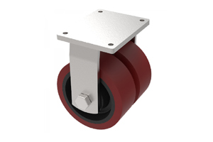 Angled view of a 3D modelled Twin Wheel castor. Brown rubber tyres on black wheel centres with a metal bracket.