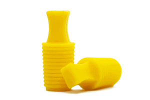 Two green Silicone plugs with pull handles and a hollow, ribbed body.