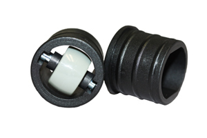 Two black plastic, round tube inserts. With an small, grey, internal castor wheel. Laying down on their sides.