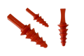 Three Red Silicone masking plugs Each with five different sized flanges and a pull tab.