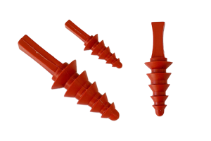 Three Red Silicone masking plugs Each with five different sized flanges and a pull tab.