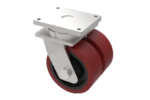 Angled view of a 3D modelled Twin Wheel, swivel castor. Brown rubber tyres on black wheel centres with a metal bracket.