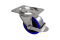 Angled view of a 3D modelled swivel castor with a blue rubber tyre, metal bracket and integrated brake.