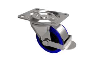 Angled view of a 3D modelled swivel castor with a blue rubber tyre, metal bracket and integrated brake.