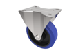 Angled view of a 3D modelled fixed castor with blue rubber tyre and metal bracket.
