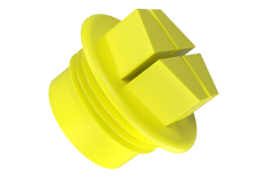 An angled view of a 3D modelled yellow plastic Metric Threaded plugs with a hex shaped head and recessed cross.