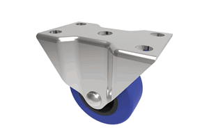 Angled view of a 3D modelled fixed castor with blue rubber tyre and metal bracket.