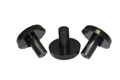 Three black, plastic stacking chair buffers at various angles.