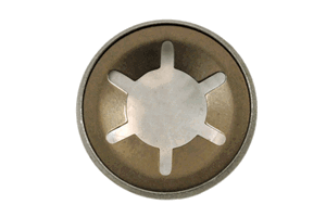 A metal disc and metal securing washer.