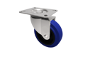 Angled view of a 3D modelled swivel castor with a blue rubber tyre, metal bracket