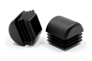 Side view of two square black injection moulded plastic tube inserts with domed bases.