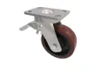 Angled view of a 3D modelled swivel and braked castor. Brown rubber tyre on black wheel centre with a metal bracket.