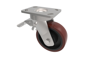 Angled view of a 3D modelled swivel and braked castor. Brown rubber tyre on black wheel centre with a metal bracket.