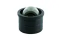 Close up of A black plastic, round tube insert. With an small, grey, internal castor wheel.