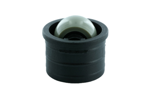 Close up of A black plastic, round tube insert. With an small, grey, internal castor wheel.