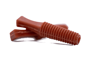 Two brown Silicone plugs with pull handles and a hollow, ribbed body.