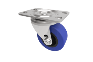 Angled view of a 3D modelled swivel castor with a blue rubber tyre, metal bracket