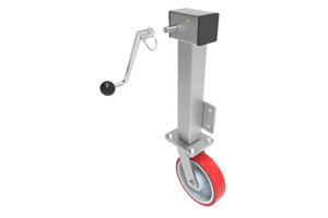 Castor with a red rubber tyre. With a height adjustable bracket operated by a handle.