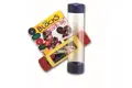 Clear packaging tube with blue and red pvc caps demonstrating a packed product.