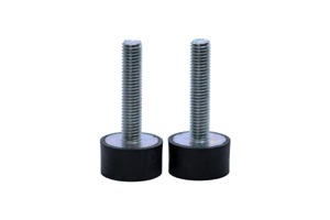 Side view of two adjustable feet. Black rubber base and metal threaded stud.
