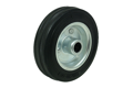 Wheel with a black, solid rubber tyre on a metal hub.