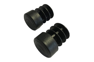 Angled view of two heavy-duty, round black plastic injection moulded tube insert feet.