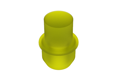 An angled view of a 3D modelled Silicone Plug in Yellow. One end is slightly tapered and the other end is a round pull tab.