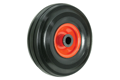 Wheel with a black rubber puncture proof tyre on a metal hub