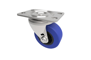 Angled view of a 3D modelled castor with a blue rubber tyre and metal swivel bracket.