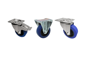 Three castors with blue rubber tyres and metal brackets. Fixed, Swivel, and Swivel and Braked.
