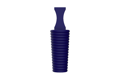 A side on view of a 3D modelled, blue Silicone plugs with pull handle and a hollow, ribbed body.