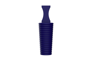 A side on view of a 3D modelled, blue Silicone plugs with pull handle and a hollow, ribbed body.