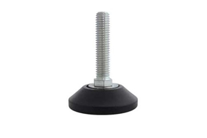 Side view of adjustable levelling foot. Black Plastic base with metal threaded stud.